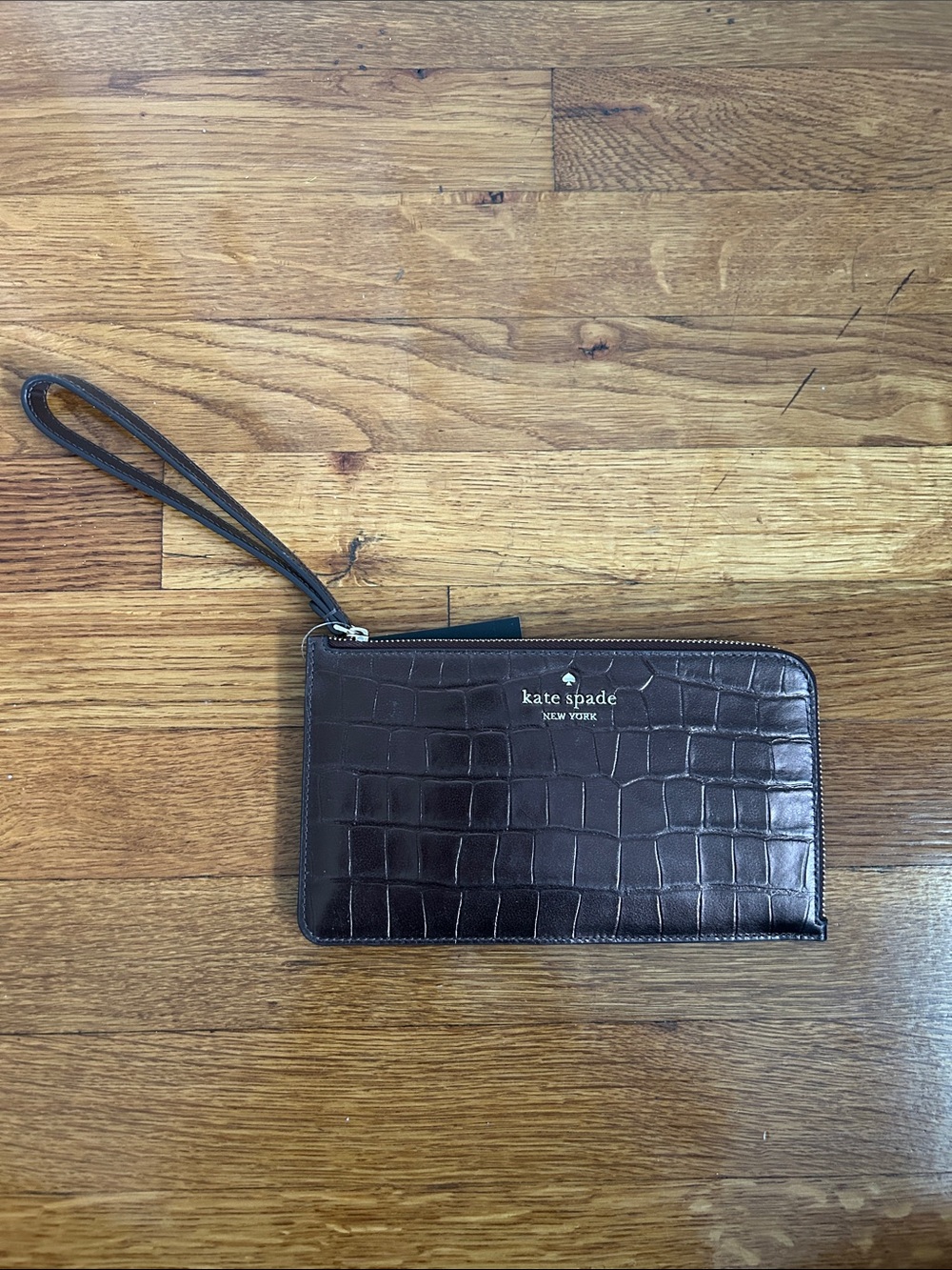 kate spade dark brown croc-embossed wristlet clutch